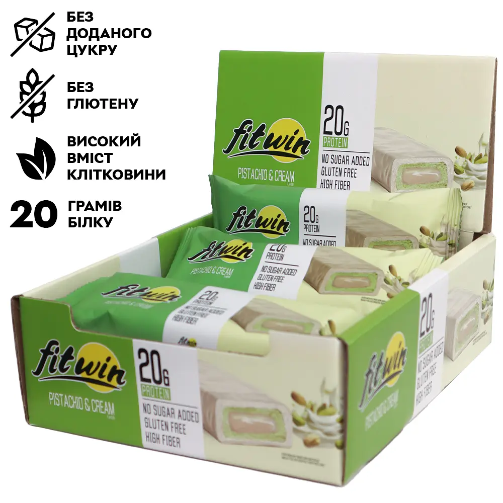Батончик Protein Bar 20%, 12x60 грам Фісташковий крем FitWin fit0018270