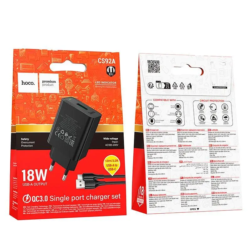Адаптер мережевий HOCO Type-C cable Leader single port charger set CS92A 1USB, 18W/3A, QC - фото 2