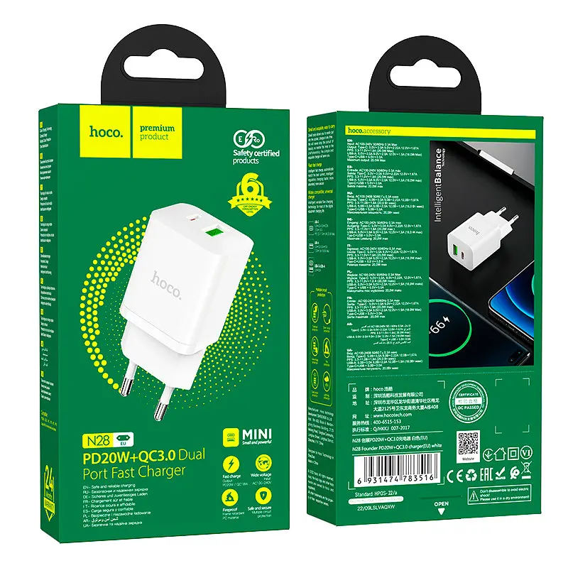 Адаптер зарядний мережевий HOCO Founder N28 1USB і 1Type-C 20W сам блок білий - фото 4
