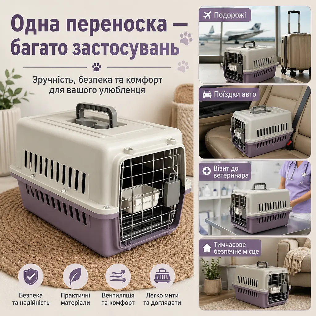 Переноска для котів і собак до 12 кг 48×32×30 - вентильована з комплектом (підвісна миска та пластикова підлога) KT8002003 - фото 10