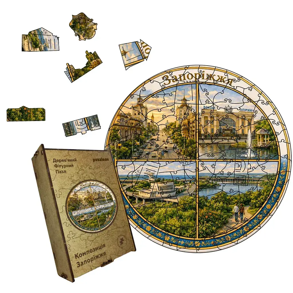 Дерев'яний фігурний пазл puzzlean Композиція Запоріжжя, А3, Дерев'яна коробка 200 елементів