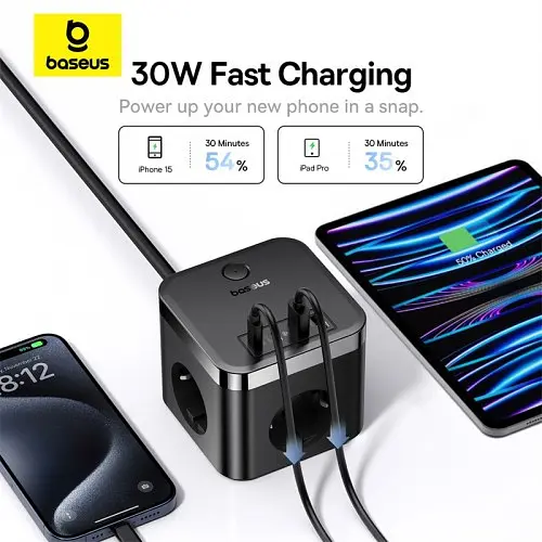 Сітчасте зарядне пристрій Baseus PowerCombo Cube Power Strip 3AC+2U+2C 30W 1.5m EU чорний E00066400117-00 - фото 5