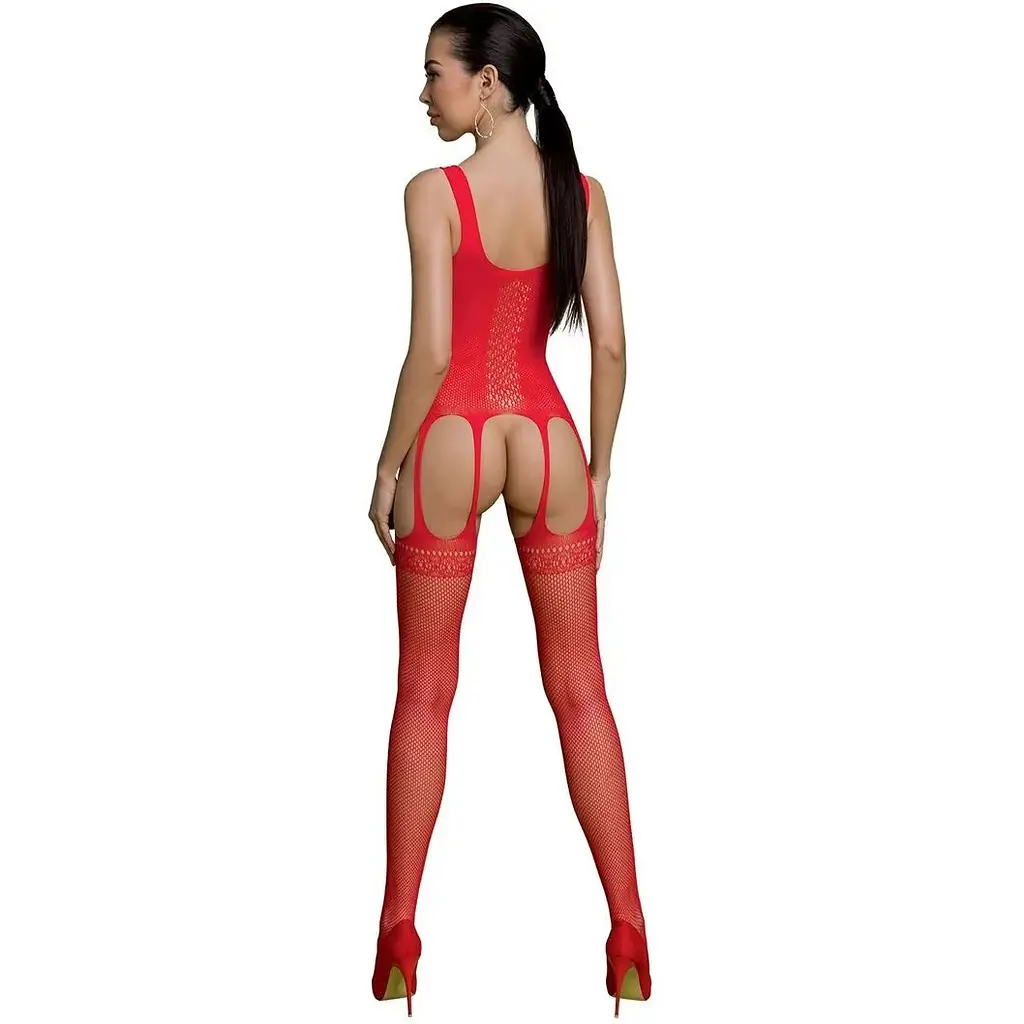 Бодістокінг Passion ECO BS007 Red, з доступом, силуетний малюнок, імітація підв’язок - фото 2
