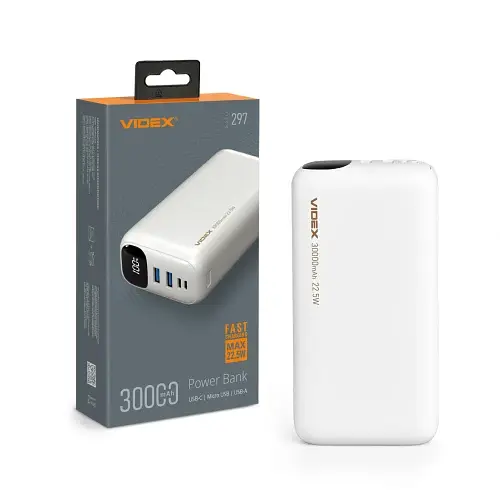 Універсальна мобільна батарея 30000 mAh, Videx VPB-297, White, 22.5 Вт, 1xType-C (PD3.0) / 2xUSB (QC3.0), цифровий LED дисплей (VPB-297-W) - фото 6