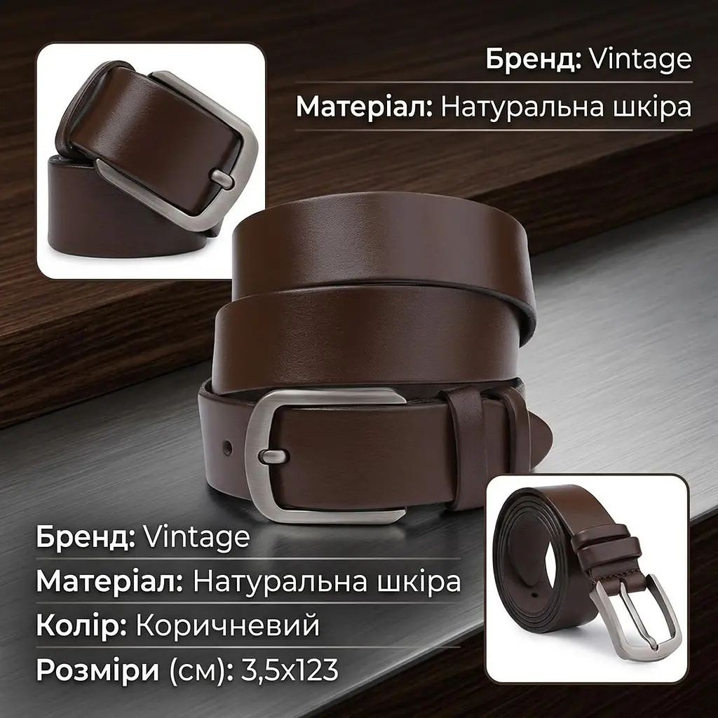 Шкіряний чоловічий гладкий ремінь 20726 Vintage коричневий 123 см - фото 3