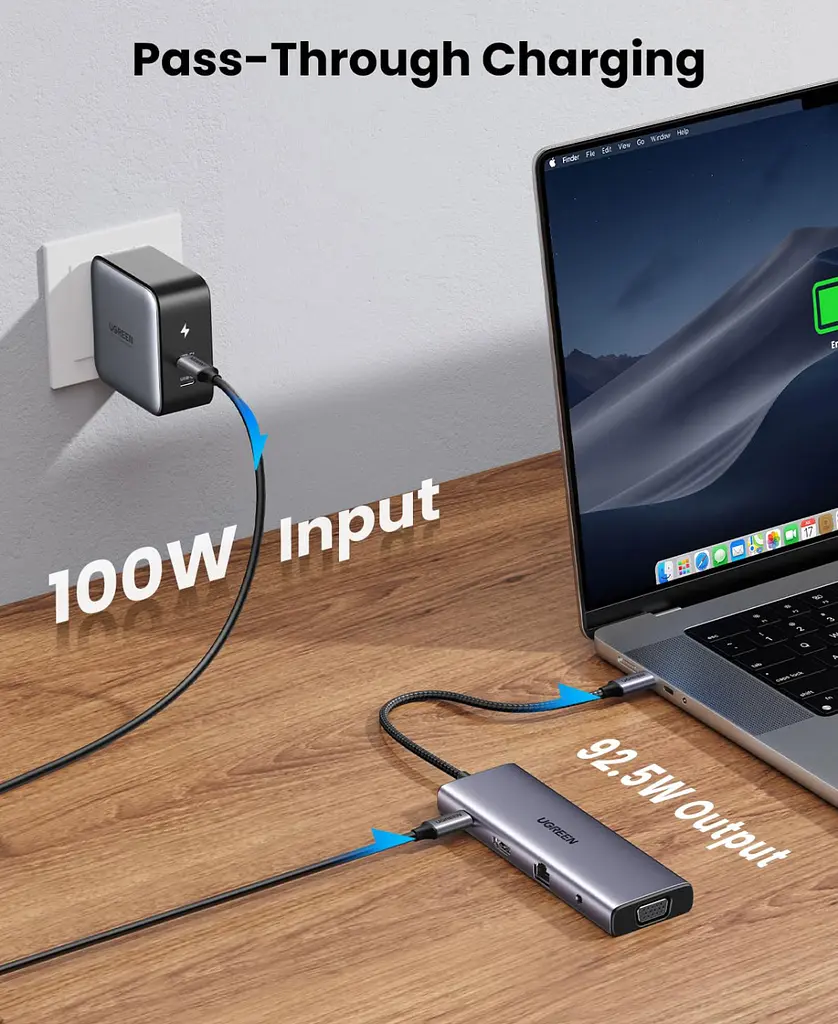 Док-станція USB3.1 Type-C --> HDMI/VGA/USB 3.0х3/RJ45/SD/TF/PD/3,5мм TRRS 100W 10-in-1 CM498 Ugreen - фото 7