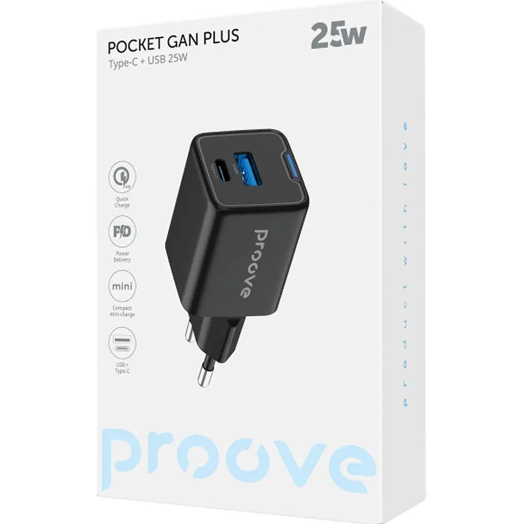 Мережевий зарядний пристрій Proove Pocket GaN Plus 25W USB-C/USB-A Black (WCPG25111201) [130262] - фото 2