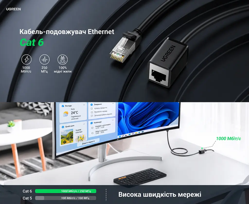 Кабель-подовжувач Ethernet UGREEN NW112 3 м RJ45 штекер на гніздо Cat 6 до 1000 Мбіт/с екранований F/UTP жили з чистої міді чорний (11282) - фото 7