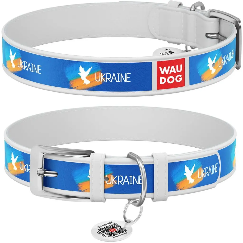 Ошейник для собак Waudog Design Флаг, кожаный, с QR паспортом, ХXS, 19-25х1,2 см, белый - фото 3