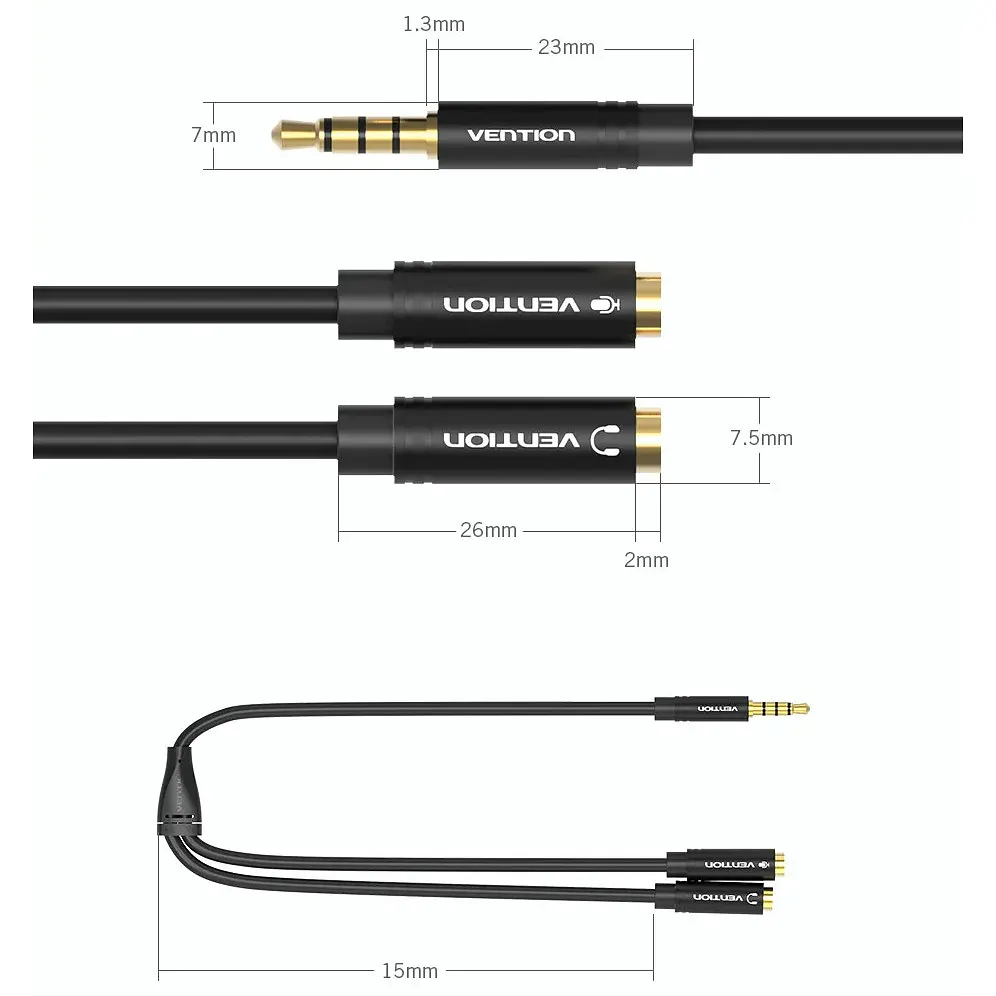 Перехідник аудіо Jack 3.5mm TRRS M 2X 3.5mm F (мікрофон + навушники) чорний Vention - фото 3