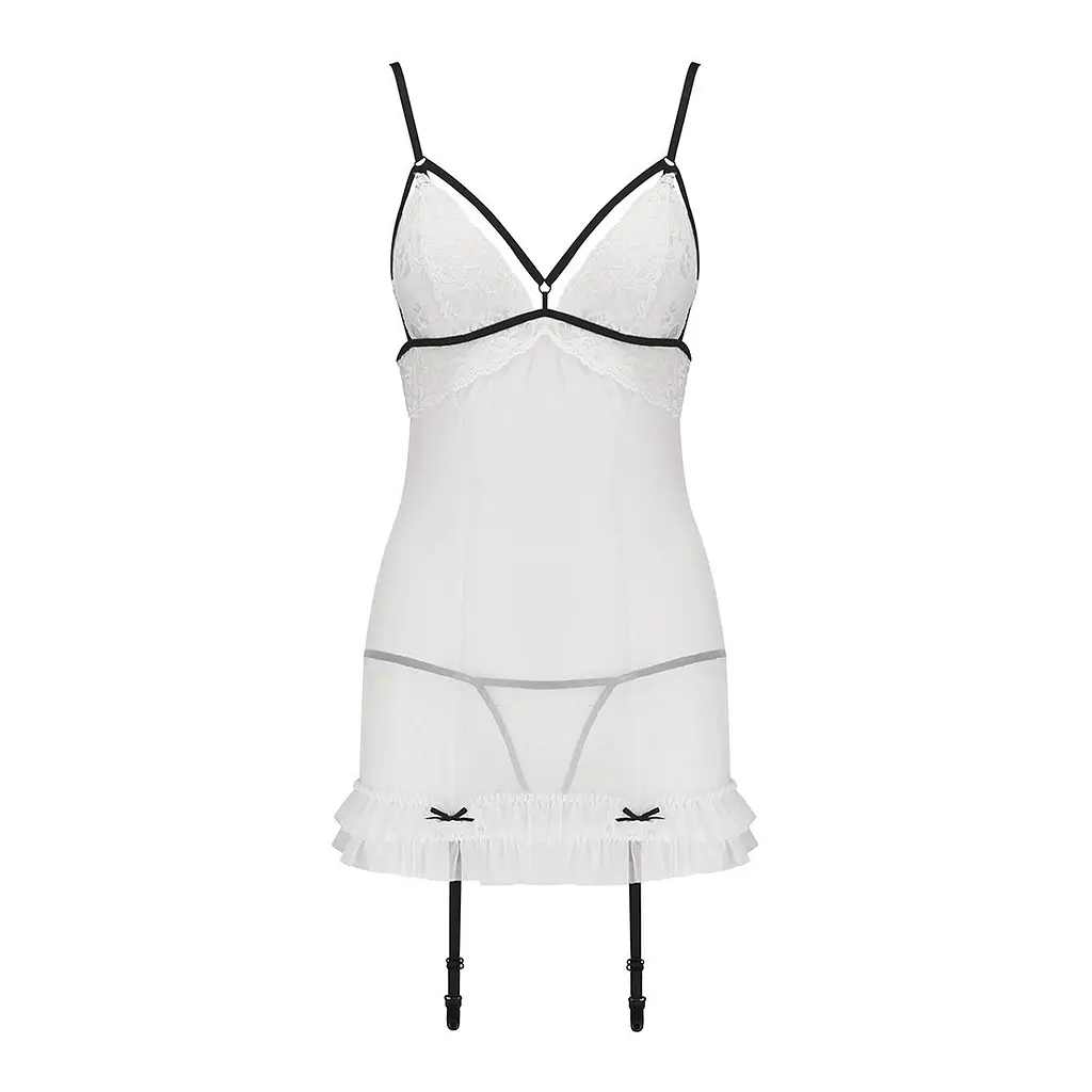Сорочка прозора з пажами Passion ORIHIME CHEMISE L/XL, white, трусики, стрепи - фото 3