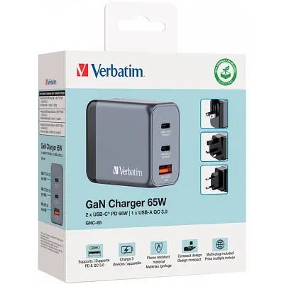 Зарядний пристрій Verbatim GaN 65 W 3 ports (2xUSB-C-65 W /USB-A -3.0) (32201) - фото 3