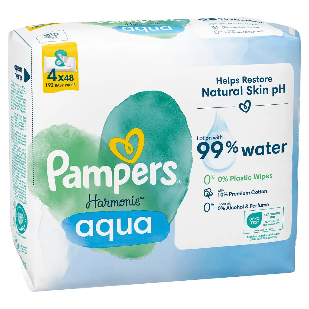 Уцінка. Набір дитячі вологі серветки Pampers Harmonie Aqua 192 шт. (4 уп. по 48 шт.) - фото 2