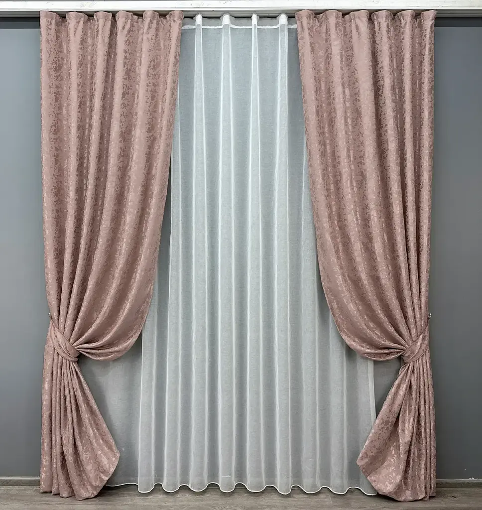 Комплект штор с тюлем VR-Textil Лен Мрамор, пудровый с белым, 2 шторы 200×270 см + тюль 600×270 см, арт. 71-012/7