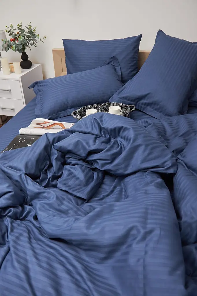Комплект постельного белья Moon&Star евро 200х220 наволочки 4х50х70 Delfi Blue Satin Stripe - фото 4