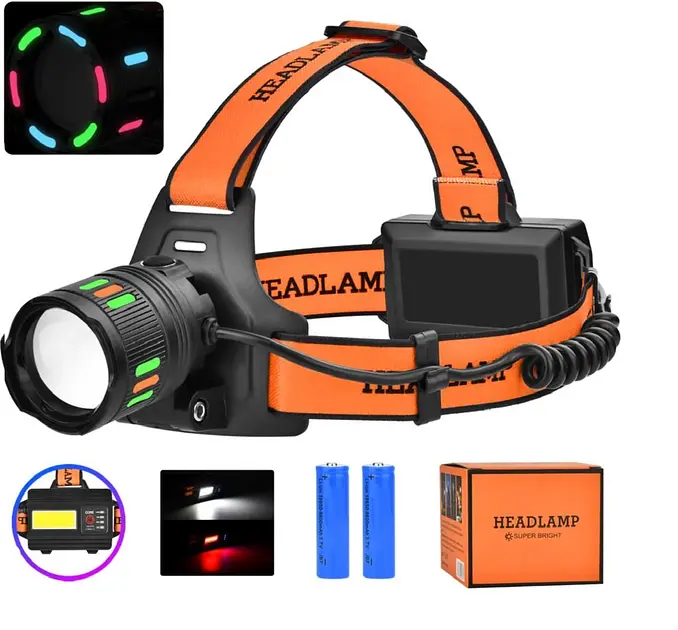 Налобний ліхтар з білим та червоним світлом XPRO NIGHT VISION FLUORESCENCE BL-T203-TG, 2x18650, зарядка USB Type-C, водонепроникний корпус, регульований зум (47142-203_214) - фото 5