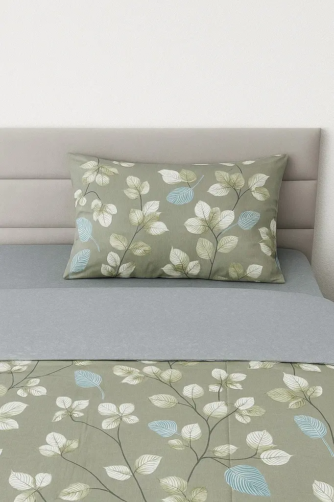 Комплект постільної білизни Ecotton полуторний 150х215 см сатин зелений з листям (рис. 24304) (24799) - фото 3