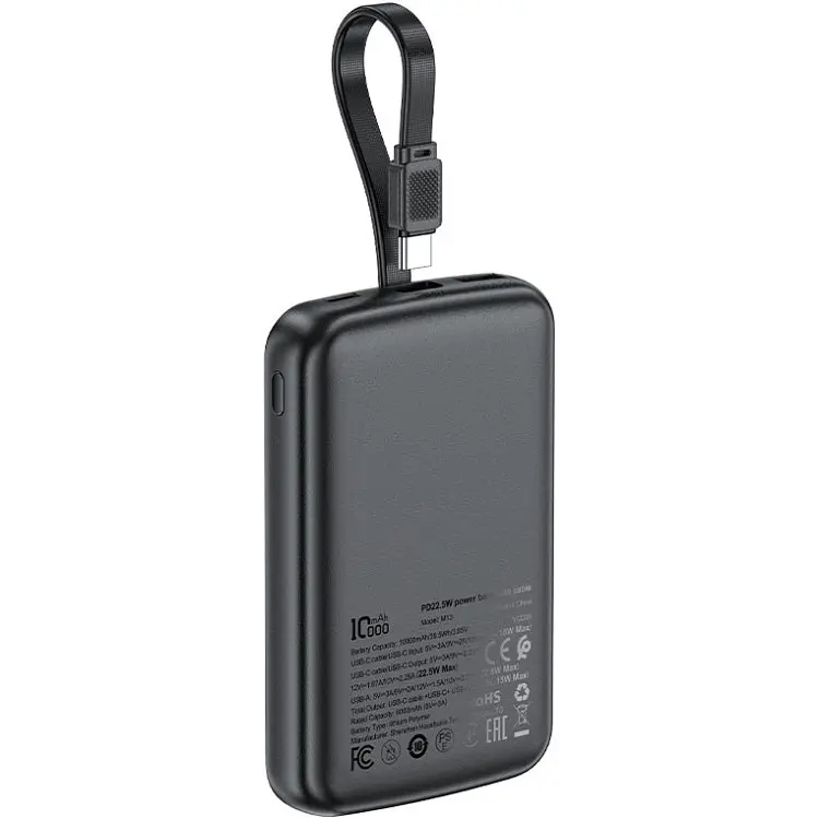 Універсальна мобільна батарея Acefast 10000mAh 22.5W PD,QC3.0 2xUSB-C,USB-A, with build Type-C cable, M13 Чорний - фото 4