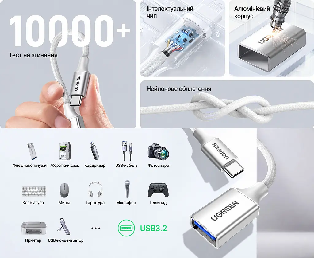 OTG-перехідник UGREEN US378 USB-C - USB-A 0,15 м сріблястий (15819) - фото 2