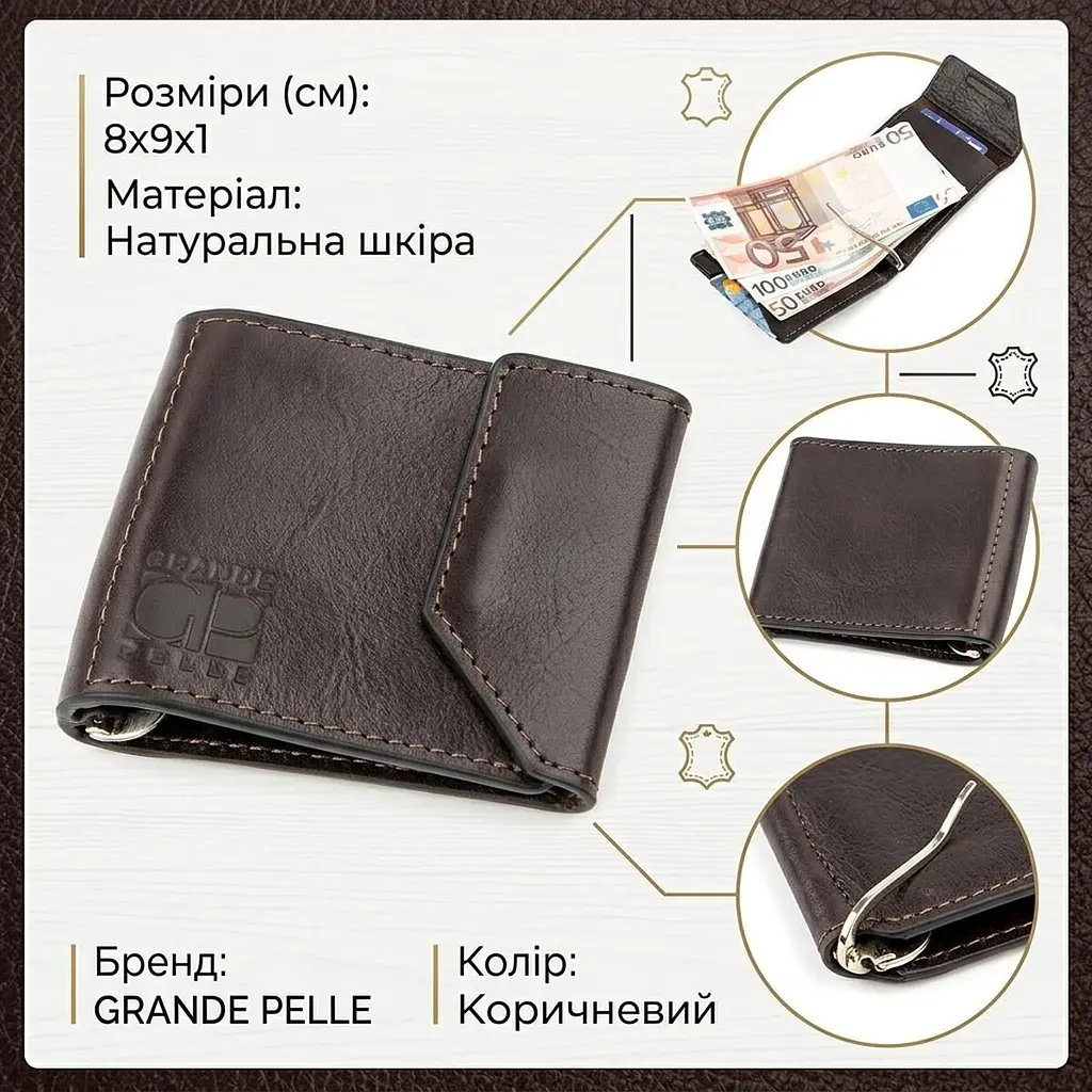 Затискач для грошей Grande Pelle 11150 темно-коричневий - фото 3