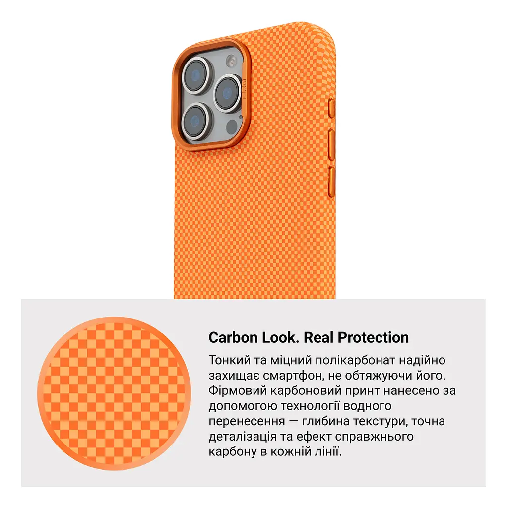 Карбоновый чехол для Apple iPhone 16 Pro Max, LikeCarbon2 MagCase, оранжевый, тонкий защитный чехол-панель из поликарбоната с магнитами N52, MagSafe, противоударный, совместим с беспроводной зарядкой, приподнятые края для защиты камеры - фото 7