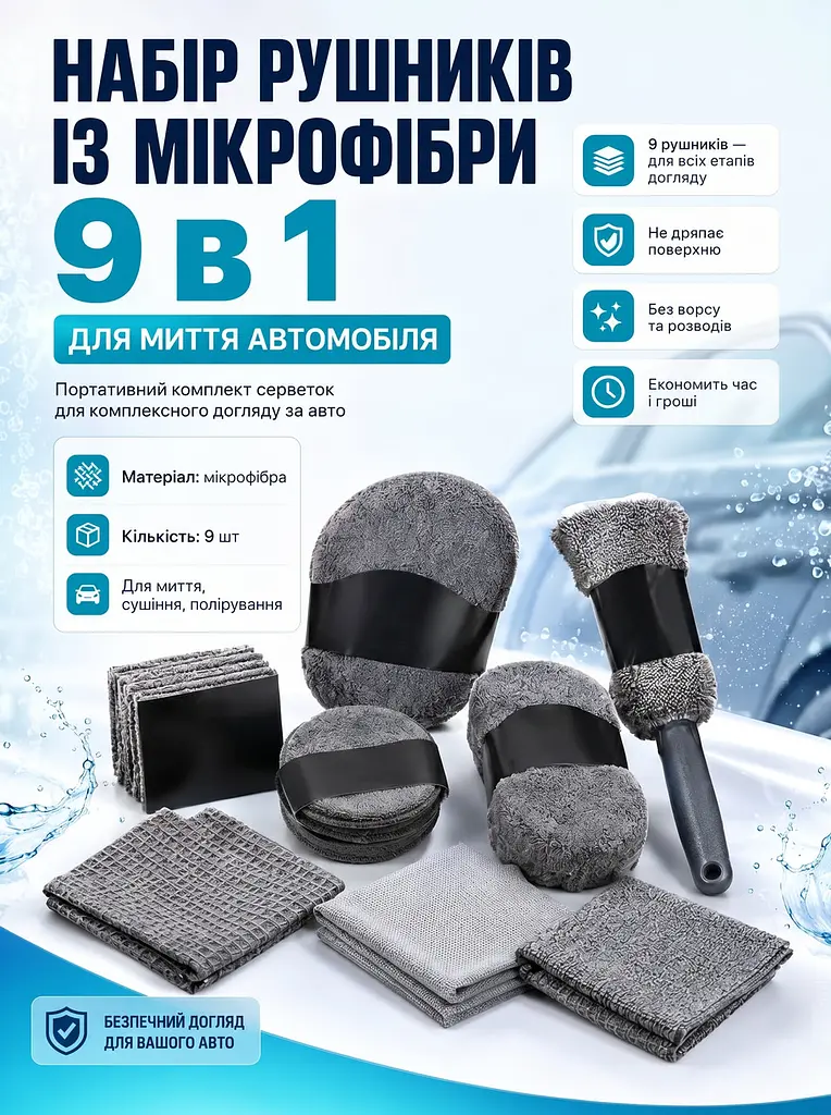 Універсальний набір для миття та догляду за авто 9в1: рушники,серветки з мікрофібри для автомобіля (26276271) - фото 2