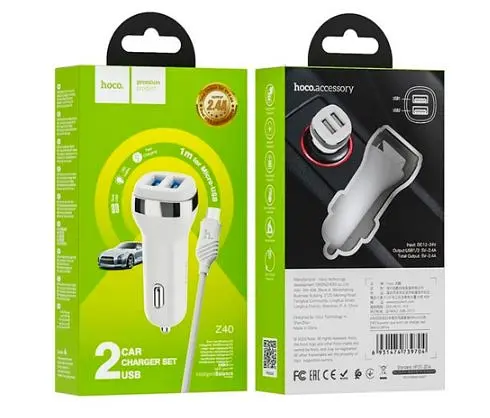 Автомобильное зарядное устройство АЗУ 12-24V HOCO Z-40+ кабель Micro, 2xUSB, 2.4A, кабель 1м, White - фото 2