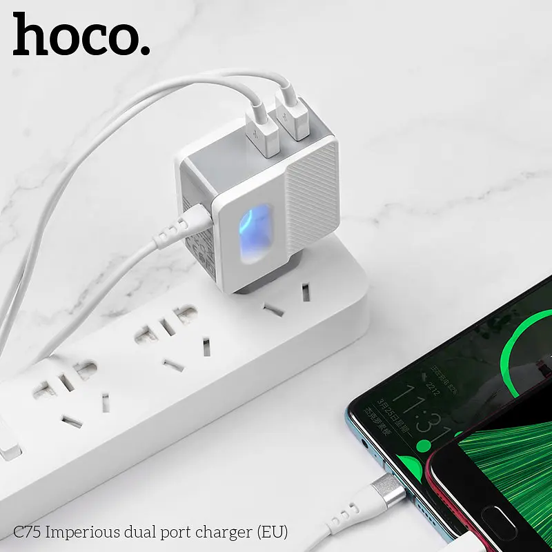 Зарядний пристрій із вбудованим кабелем Type-C — HOCO C75 + 2 USB-виходи біле - фото 4