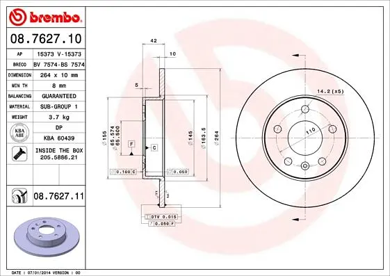 Диск гальмівний задній невентильований Opel Astra H, G, Zafira B 98-25р Brembo (08.7627.11) - фото 2