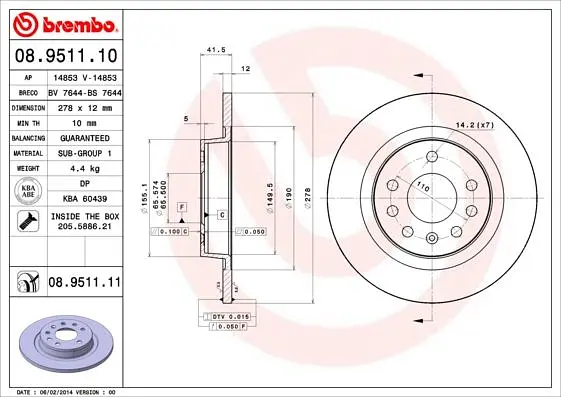 Диск гальмівний невентильований Saab 9-3 II, Opel Signum 02-25р Brembo (08.9511.10) - фото 2