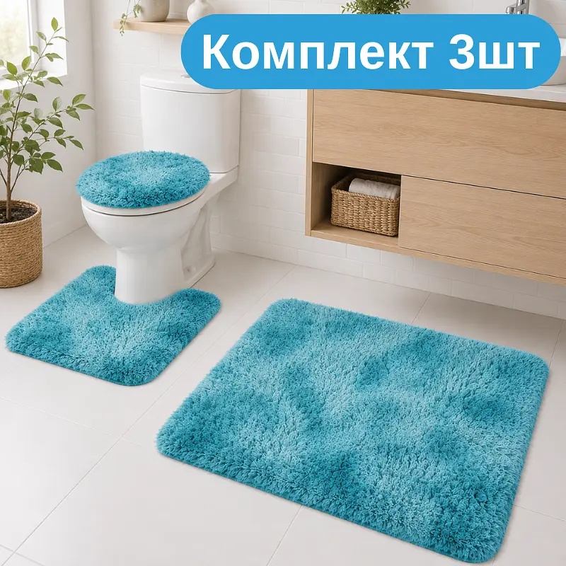 Практичний комплект м'яких килимків для ванної 3 шт , пухнасті антиковзкі килимки бірюзовий KT9000603 - фото 2