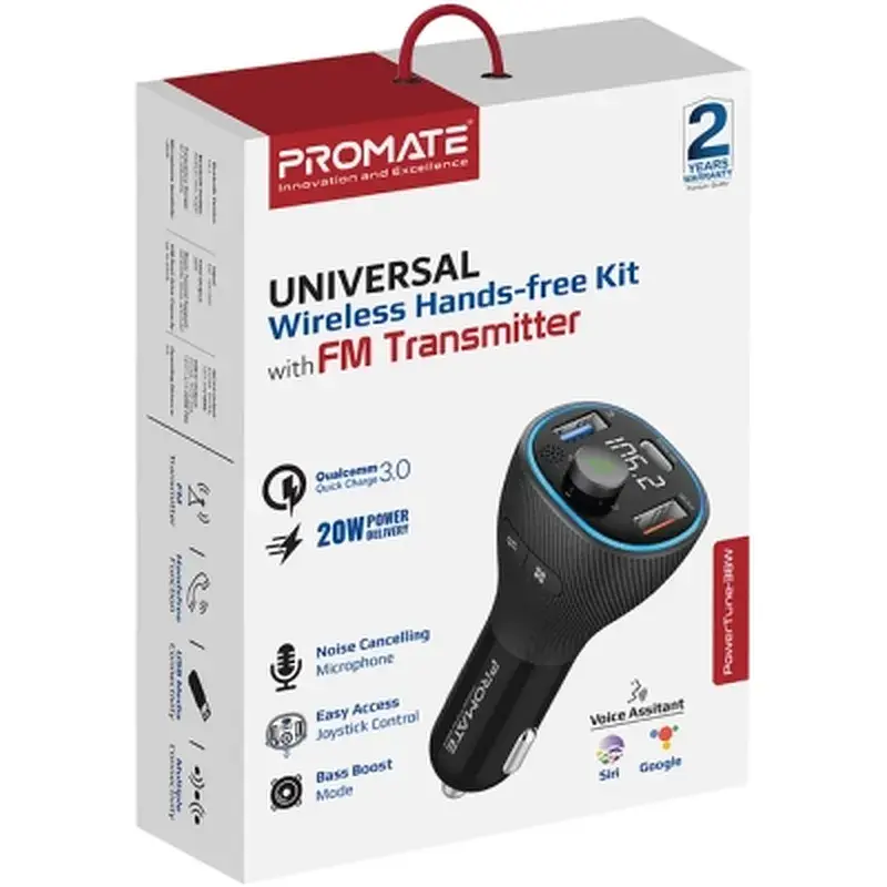 FM модулятор Promate PowerTune 38w USB-A OTG/USB-A QC3.0/USB-C PD Black (powertune-38w.black) - фото 2