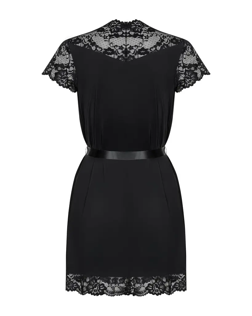 Сатиновый открытый пеньюар на поясе Obsessive 810-PEI-1 peignoir black черный S/M - фото 6