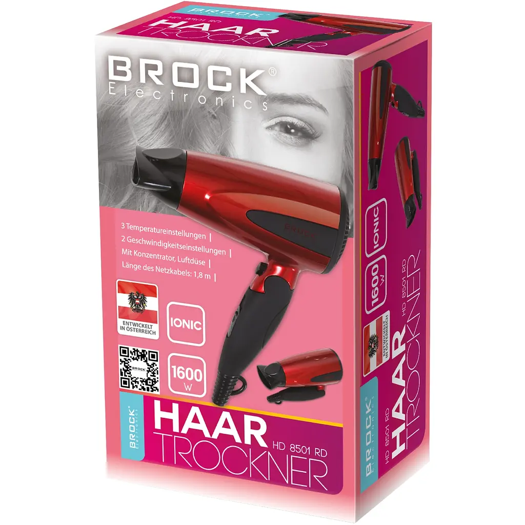 Фен BROCK HD 8501 RD дорожный/ 1600Вт/ 2 скорости/ Cool shot/ ионизация/ складная ручка/ красный - фото 2