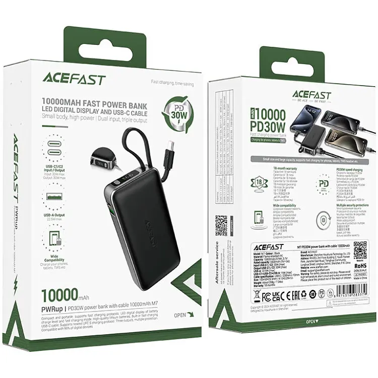Універсальна мобільна батарея Acefast 10000mAh 30W PD USB-A, USB-C In/Out, з будівлею USB-C cable M7 Чорний - фото 4