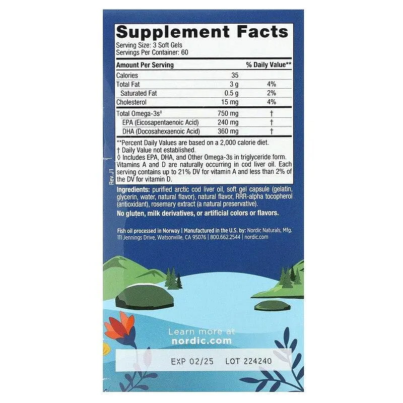 Риб'ячий жир з печінки тріски Nordic Naturals Cod Liver Oil 1000 мг 180 капсул Лимон - фото 3