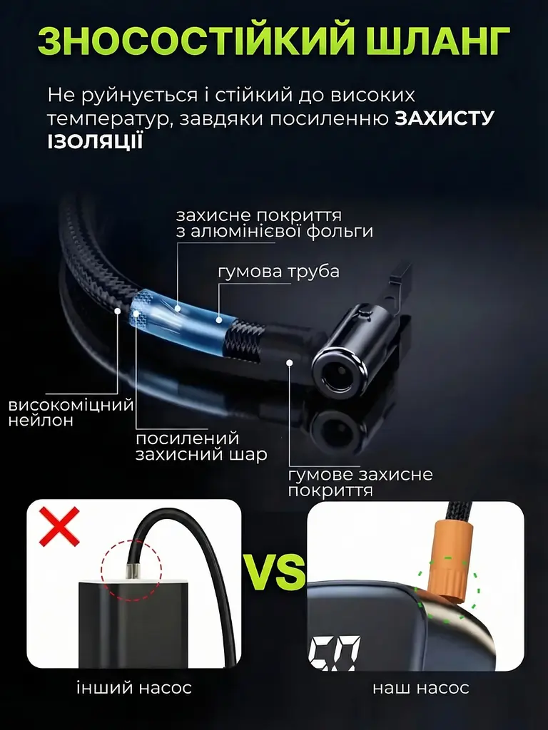 Портативный компрессор аккумуляторный с дисплеем и фонарем, насос для шин автомобиля, мотоцикла, велосипеда, Черный (7917467995) - фото 9