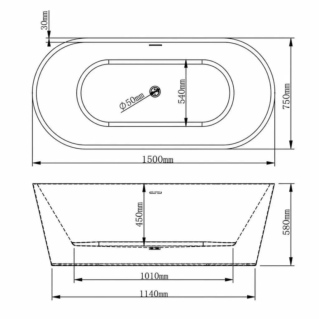 Окремостояча овальна акрилова ванна VBI Etna 150x75, біла VBI-070115 - фото 6