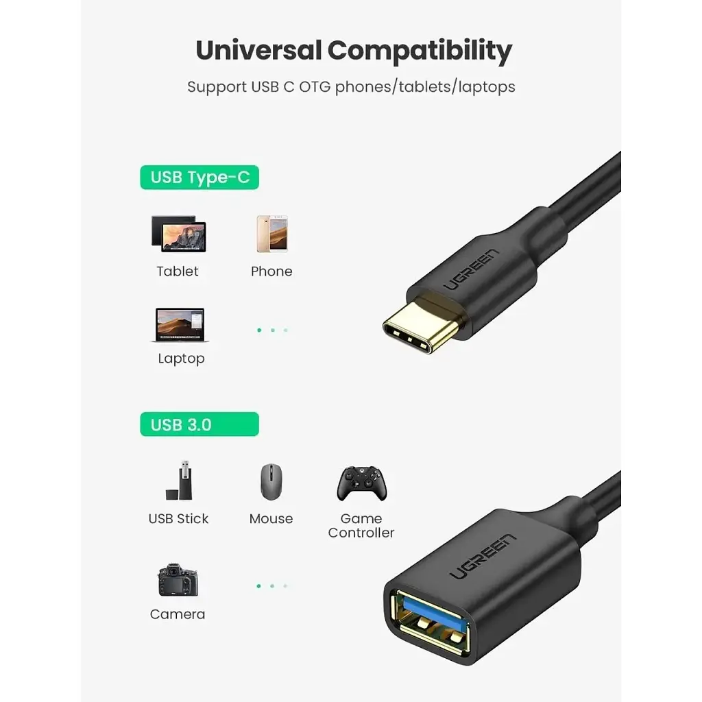 Перехідник OTG USB 3.0 AF to USB-C US154 black Ugreen (30701) - фото 2