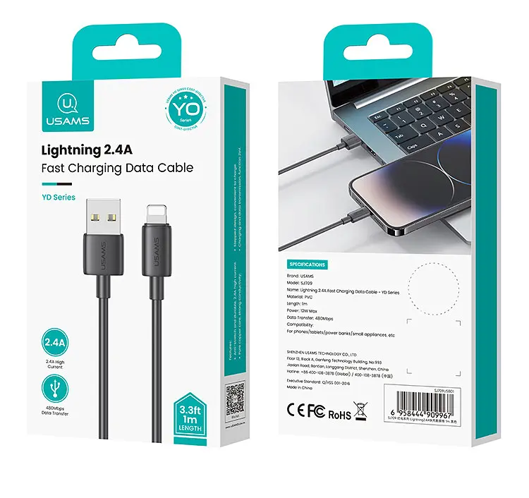 Кабель Usams SJ709 Lightning 2.4A Fast Charging Data CableYD Series Чорний - фото 2