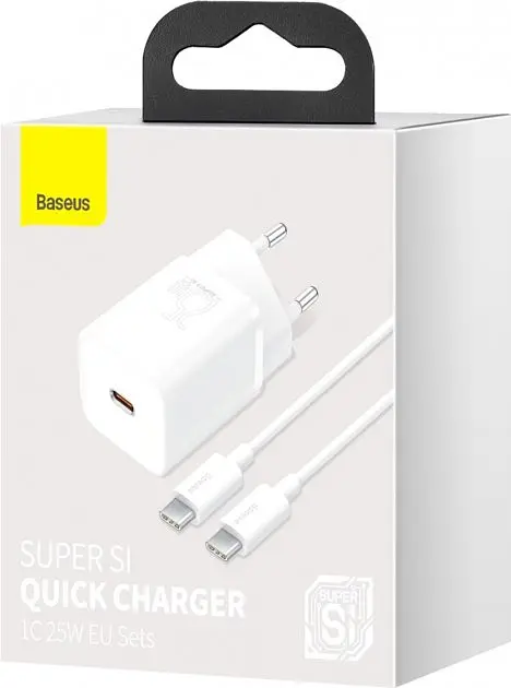 МЗП Baseus Super Si Quick Charger with Mini Cable Type-C to Type-C 3A 25W EU Sets White - фото 2