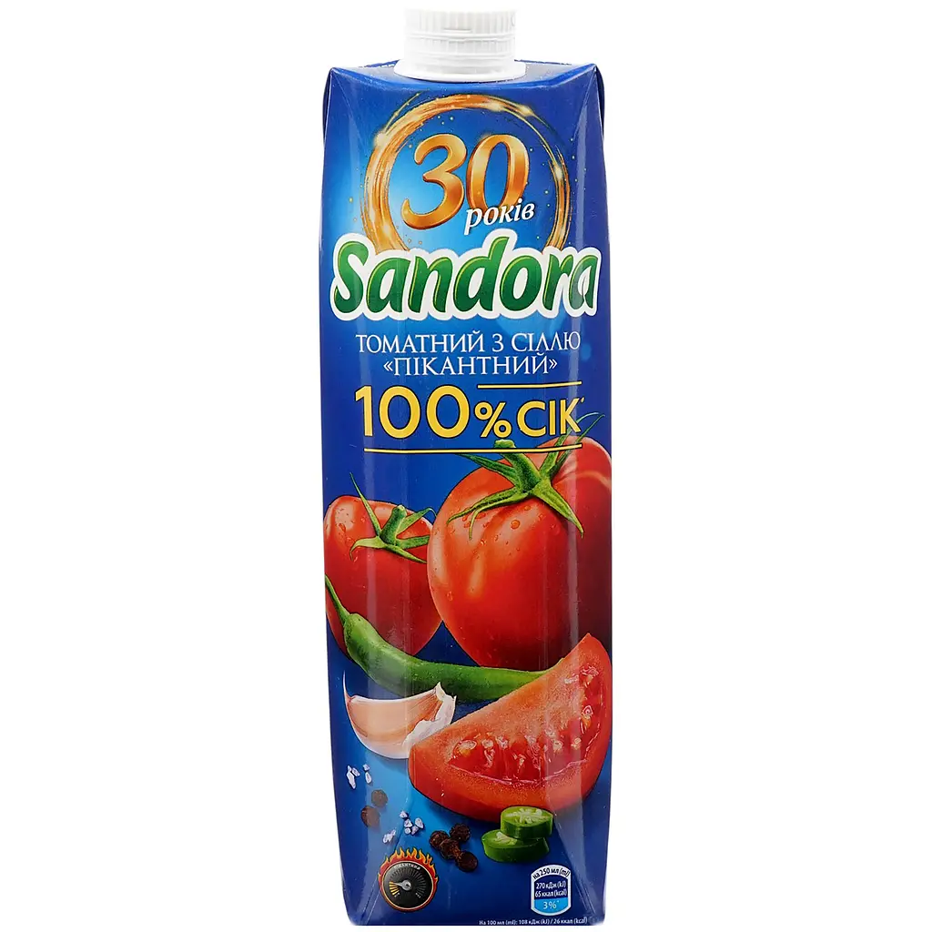 Сік Sandora Томатний  Пікантний з м'якоттю відновлений стерилізований з сіллю 950 мл - фото 2