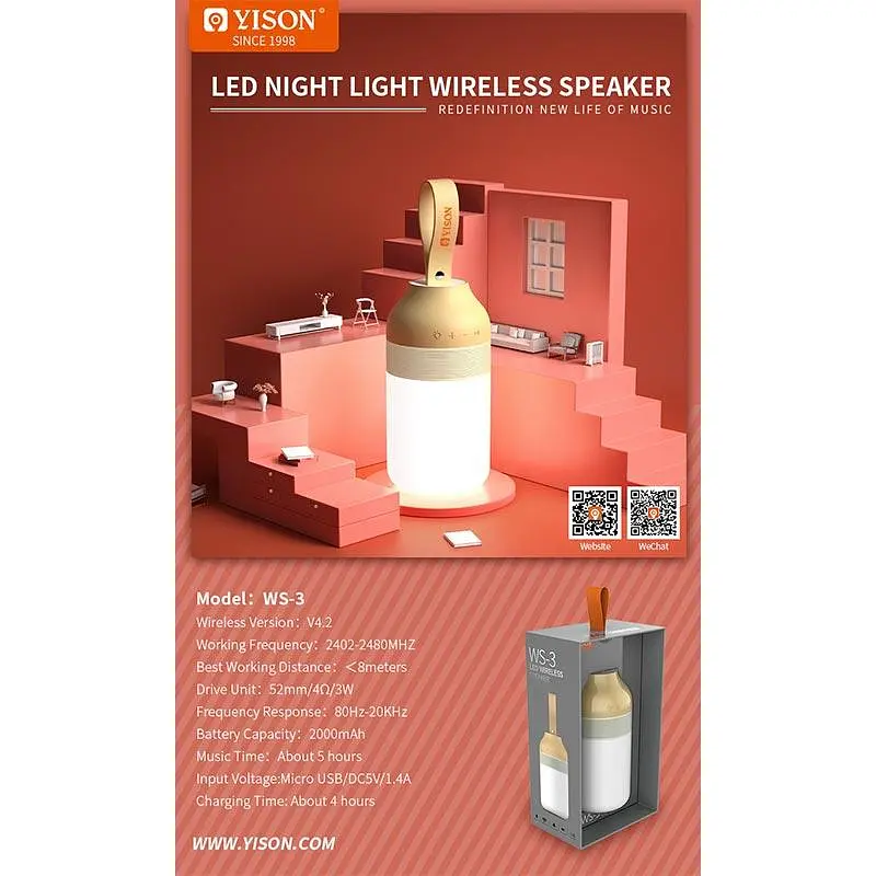 Портативная акустика Yison TWS LED Night Light WS-3 AUX/USB/BT 3W - фото 3