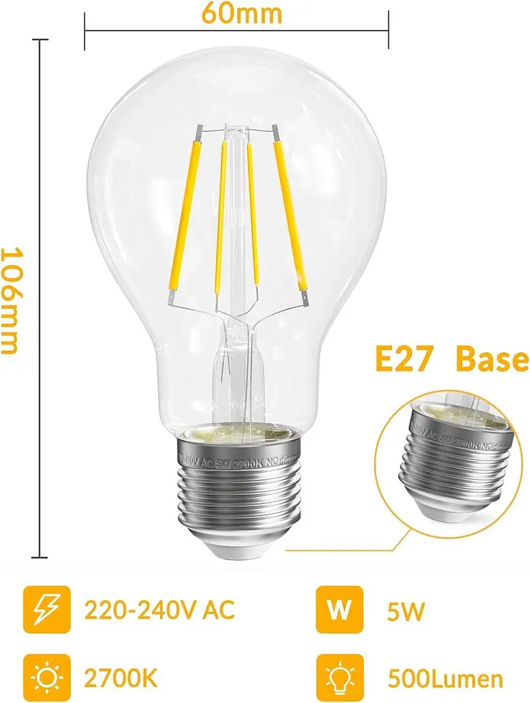 Винтовая лампа QNINE Warm White E27, 5 Вт (эквивалент 50 Вт), 500 лм, светодиодная лампа, 2700K, не с подсветкой, 3 шт. - фото 2