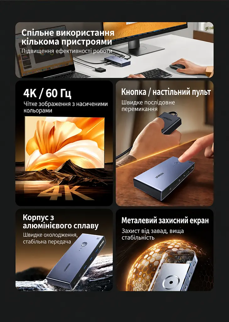 KVM-перемикач UGREEN CM730 2 входи USB-C для ПК 1 вихід HDMI 4K 60 Гц спільні клавіатура й миша 3 USB-A та 1 USB-C (25959) - фото 10