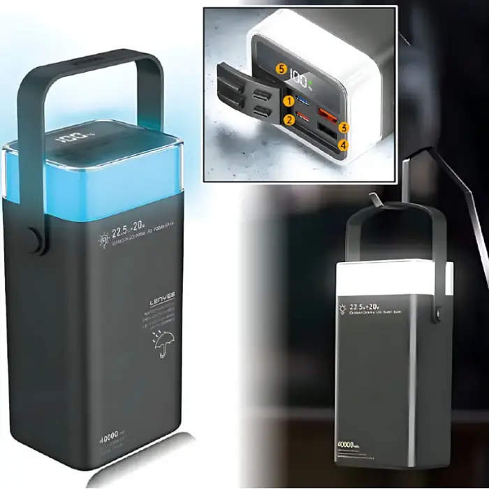 Зовнішній акумулятор Power Bank LENYES PX492D, 40000 мА·год, швидка зарядка PD 22.5W, RGB підсвітка, чорний - фото 3