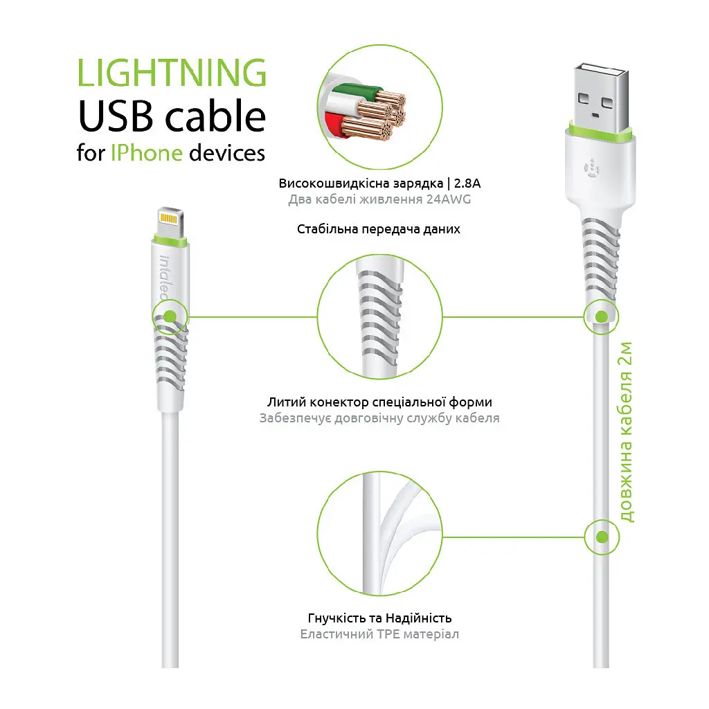 Дата кабель USB 2.0 AM to Lightning 2.0m CBFLEXL2 white Intaleo (1283126521416) - фото 4