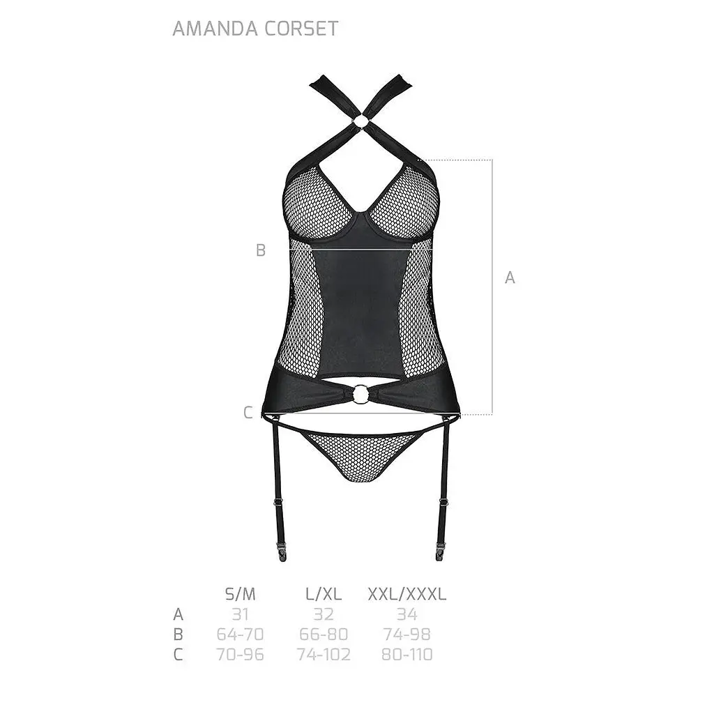 Сітчастий комплект корсет з халтером знімні підв'язки та трусики Passion Amanda CorSet black L/XL - фото 7