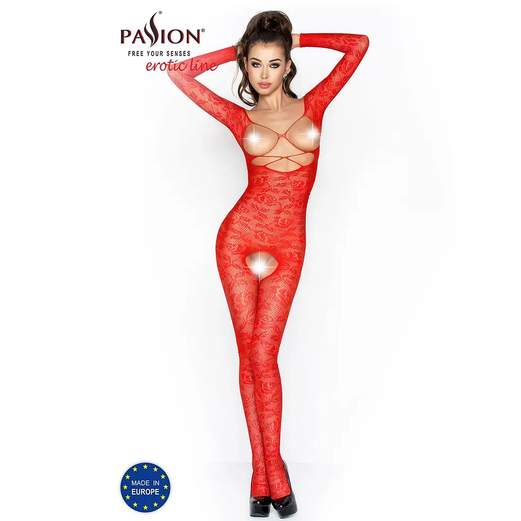 Бодістокінг Passion BS031 red, комбінезон з відкритими грудьми - фото 2