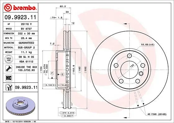 Диск гальмівний передній вентильований Bmw X5, X6 06-19р Brembo (09.9923.11) - фото 2